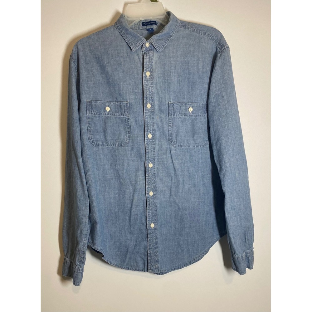 Falls Creek Mens Medium Blue Chambray Long Sleeve Button Down Cotton Shirt M